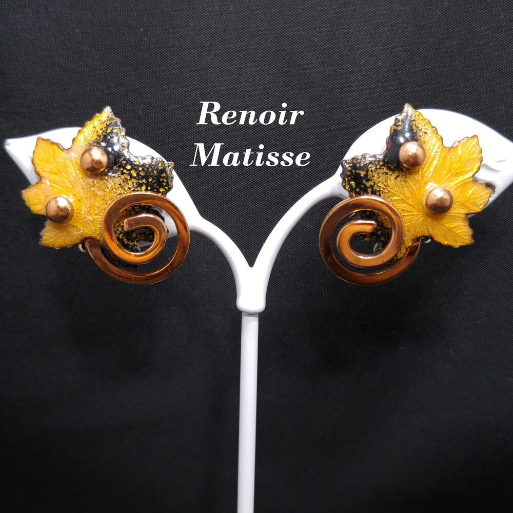 Renoir Matisse Copper Enamel Maple Leaf Earrings Yellow Black Signed 1950s Vtg.
